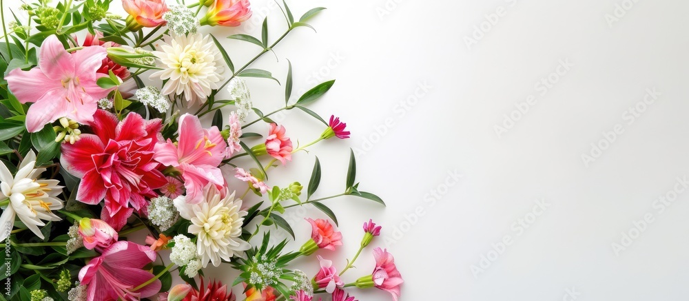 Poster A blooming bouquet of spring flowers set against a white backdrop ideal for occasions like Mother s Day Valentine s Day and birthdays This top down view features ample copy space for text within the