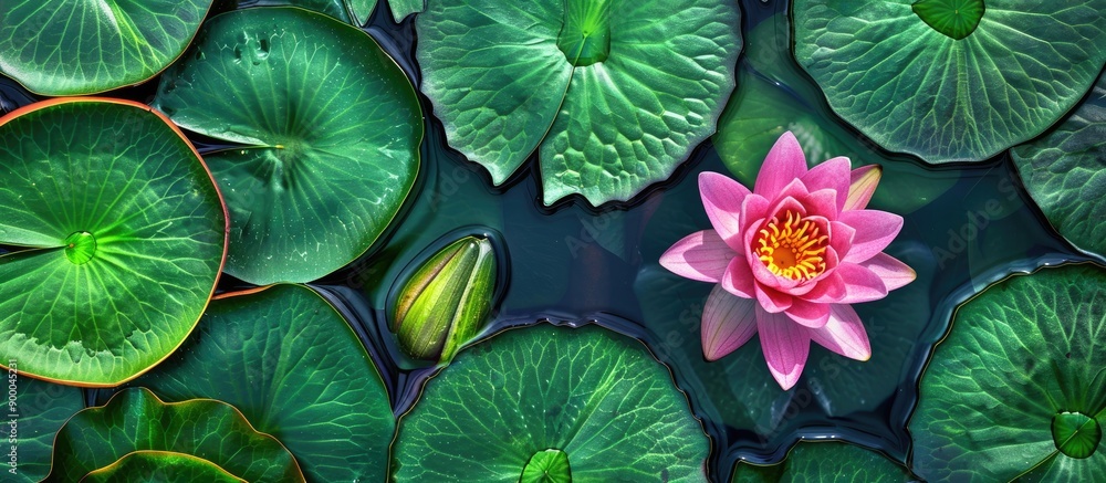 Poster pink water lily flower bud in a pond with vibrant green leaves around symbolic in spa and asian cult