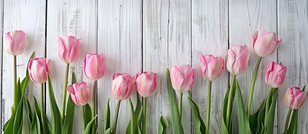 Poster Pink tulips displayed on a rustic white table with ample copy space for adding text