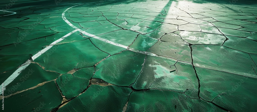 Poster The playground s green cement floor showcases a unique pattern of cracks suitable for a copy space image