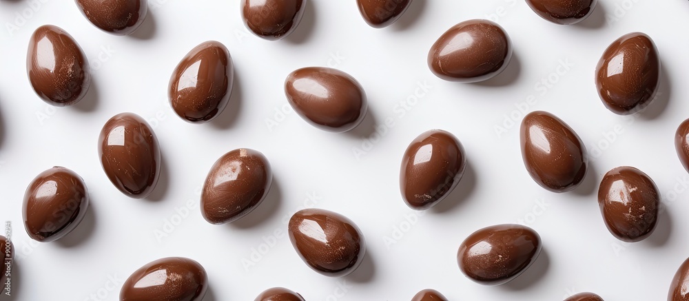 Poster chocolate covered chicken eggs distributed on a plain white backdrop isolated for a top down copy sp