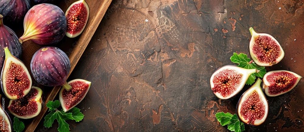 Poster an abundance of figs on a cutting board with some sliced all displayed in a copy space image