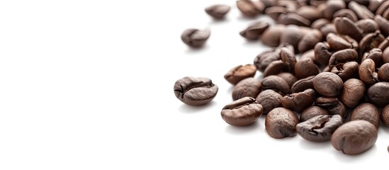 Naklejka premium Coffee beans on white background with selective focus and a space for text or images. with copy space image. Place for adding text or design