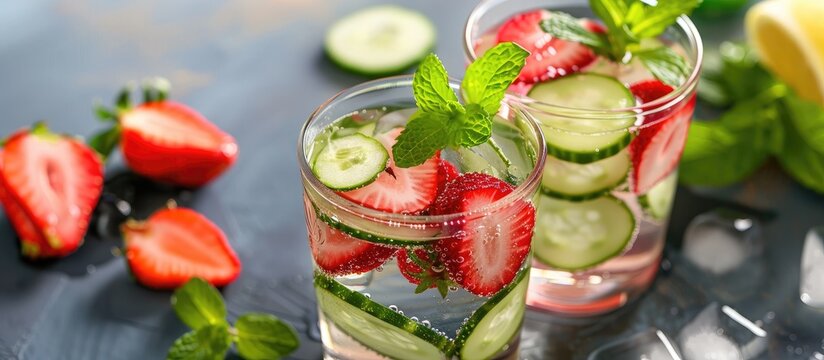 Health and wellness theme with a refreshing infused water drink made of cucumber strawberry mint and lemonade perfect for spring and summer days with ample copy space image for customization