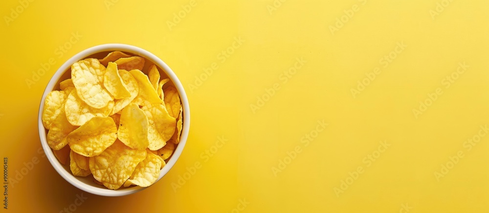 Aufkleber Top view of potato chips in a bowl on a yellow background with space for text or image. with copy space image. Place for adding text or design