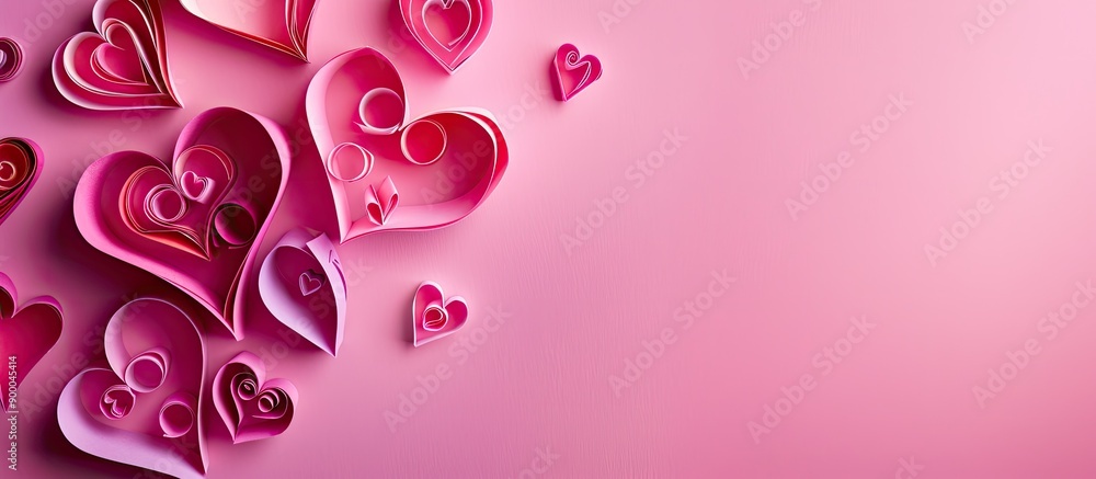Poster valentine s day festive long banner with paper quilled hearts on a bright pink background and soft l