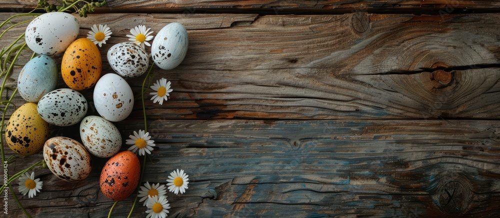 Aufkleber Rustic wooden table displaying a flower shaped arrangement of hand painted organic Easter eggs perfect for a copy space image