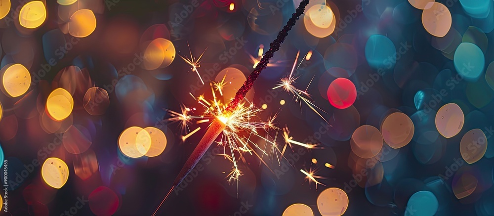Poster A festive sparkler illuminating a background of abstract circular bokeh resembling Christmas lights creating a celebratory atmosphere with copy space image