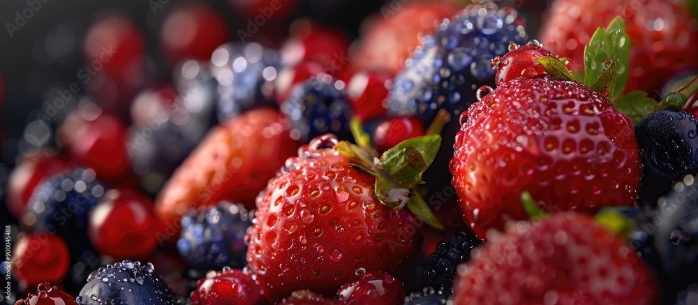Leinwandbilder fresh fruits background featuring water drops on ripe sweet fruits and berries ideal for vegan and v