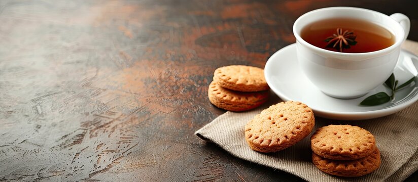 A Cup of tea and tasty biscuits on a napkin on the table with copy space image