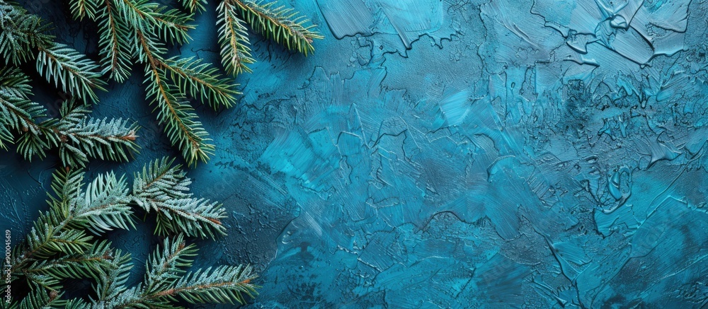 Poster Christmas themed background with green fir branches on a textured blue surface ideal for adding text copy space image