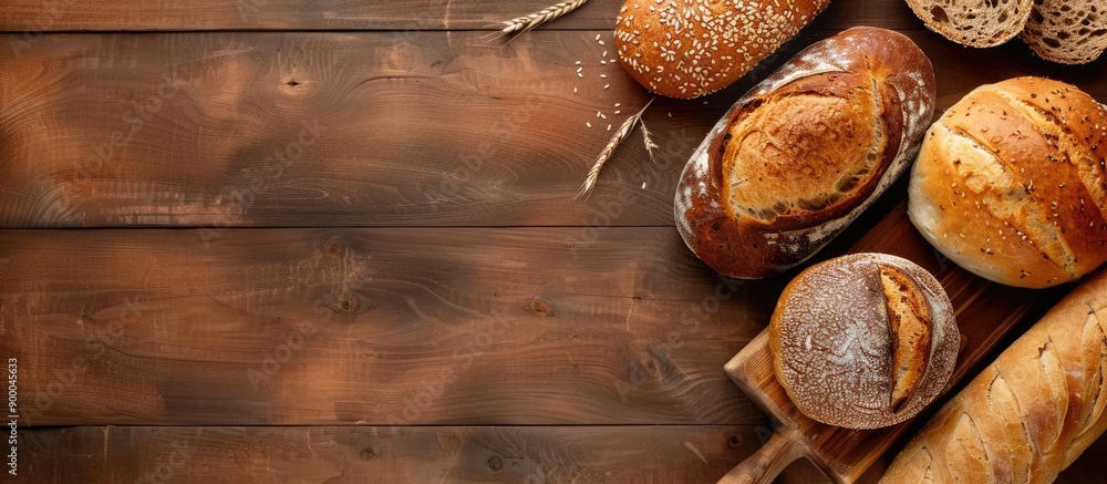 Poster top view of various baked bread on a wooden table background with ample copy space image available