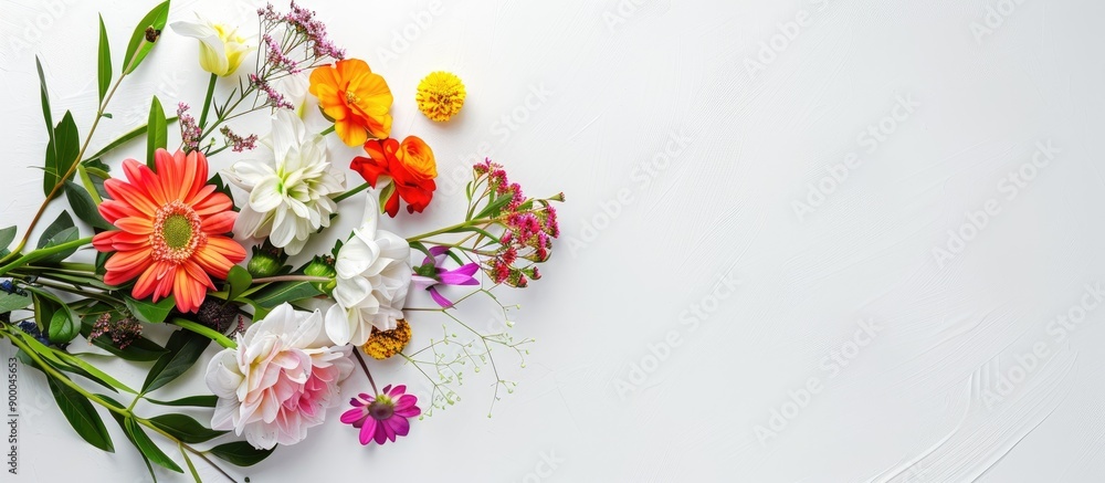 Leinwandbilder top view of a colorful floral arrangement on a white backdrop with space for text ideal for occasion