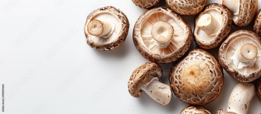 Poster shiitake mushrooms on white background with copy space image for isolated display