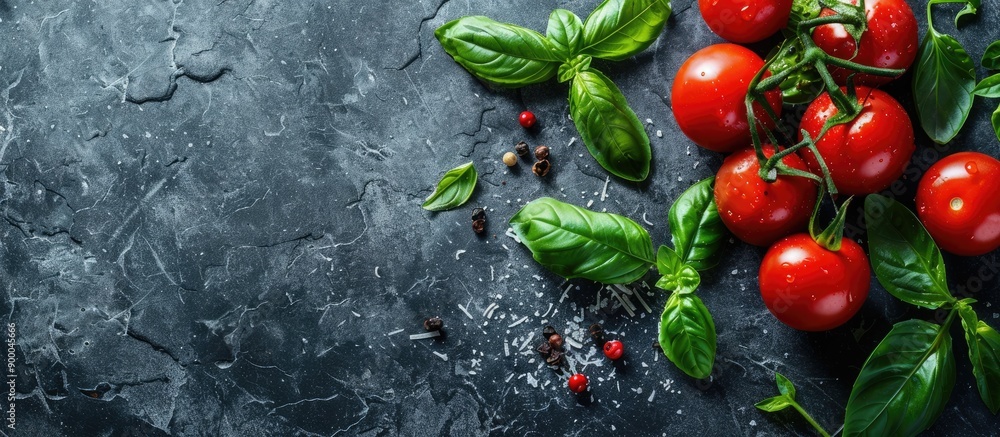 Leinwandbilder top view of italian cuisine with a tomato and basil arrangement on a stone table allowing for person