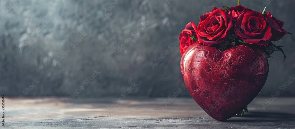 Poster A red heart shaped object adorned with a beautiful bouquet of roses in a copy space image