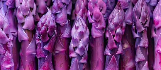 Close up image of purple asparagus arranged in rows with copy space for text