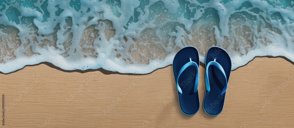 Aufkleber Beach ready blue sandals with blank space for image insertion. with copy space image. Place for adding text or design