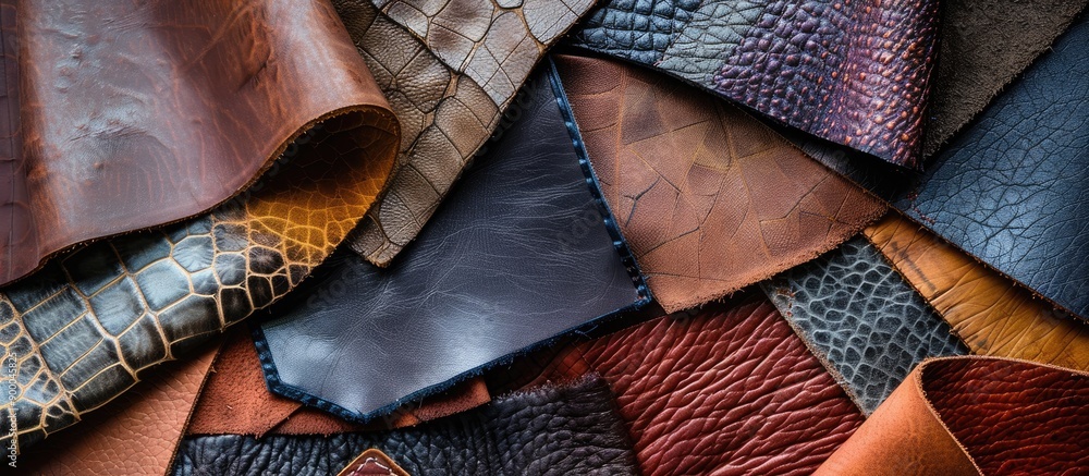 Poster Variety of leather shapes linked in different textures and patterns for fashion industry samples with close up for text on copy space image