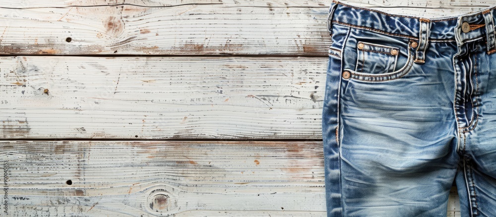 Poster denim pants displayed on a bleached wood surface with copy space image