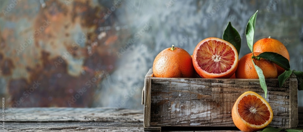 Poster blood orange citrus beautifully presented in a rustic wooden box on a vintage background with a tone