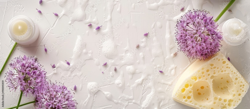 Poster copy space image featuring lotion allium blooms sponge and cream on a white backdrop