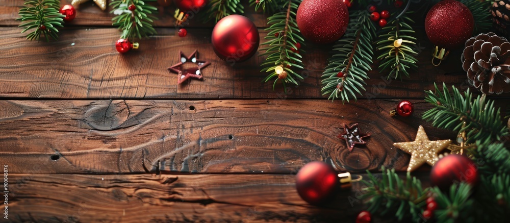 Aufkleber wooden background adorned with christmas decorations creating a festive scene with copy space image