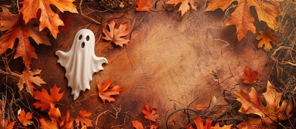 Aufkleber halloween fall border featuring fall leaves bordering a ghost on a brown backdrop with copy space im