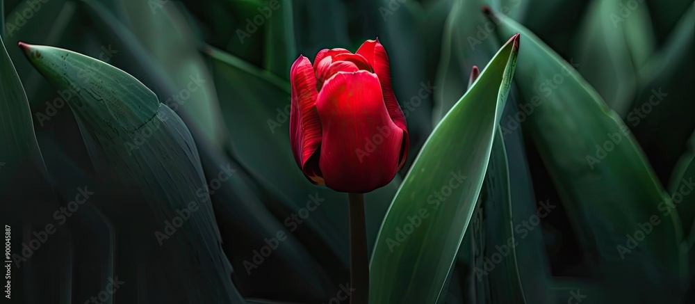 Poster a close up photo of a red tulip with a green leaf in the backdrop providing ample copy space image