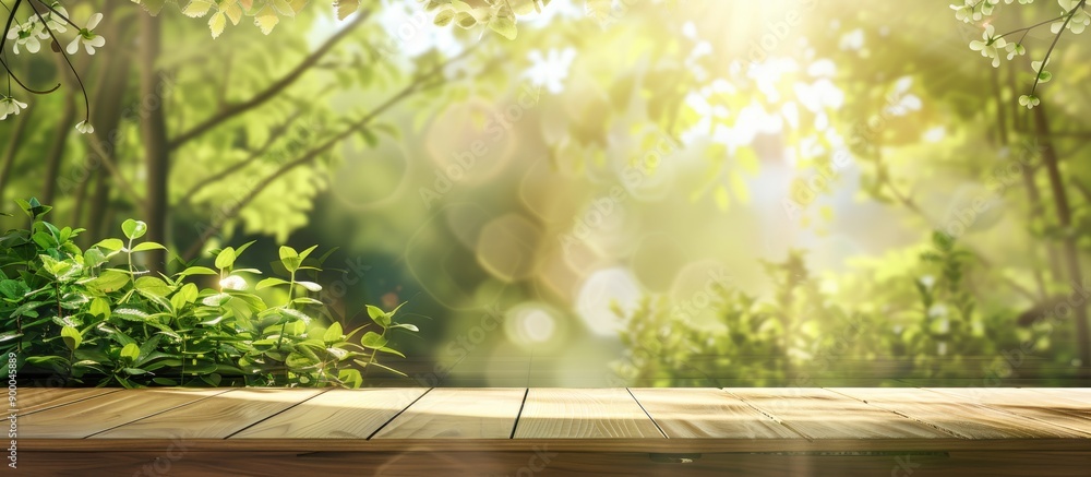 Poster blurry green garden background visible on wooden table by a window suitable for product display mont