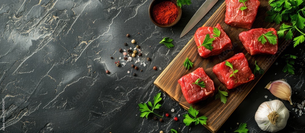 Aufkleber Raw beef steaks displayed on a wooden cutting board with stylish lighting and shadows accompanied by spices garlic parsley against a concrete background with space for adding text or images