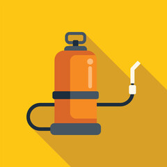 Obraz premium Orange pesticide sprayer for disinfecting, gardening and plant protection with a long shadow on a yellow background