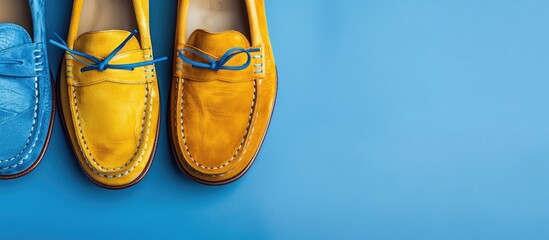 Top view of blue suede men s and yellow women s moccasins on a blue background with copy space image