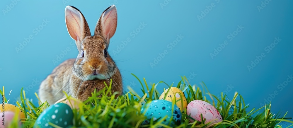Aufkleber vibrant easter eggs and a bunny on green grass with a blue background perfect for a copy space image
