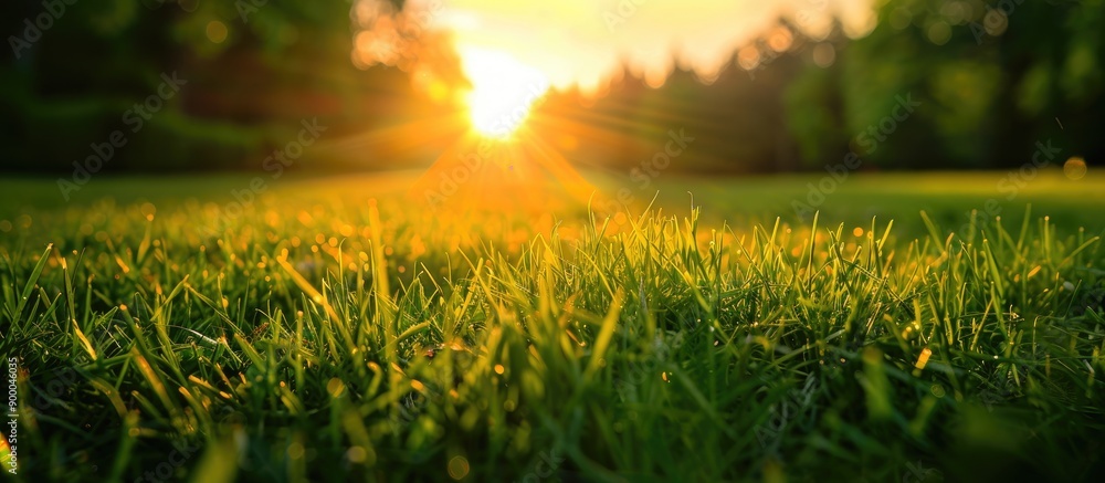 Poster Sunset over a grassy field with a blurred forest in the backdrop creating a scenic copy space image with selective focus and shallow depth of field
