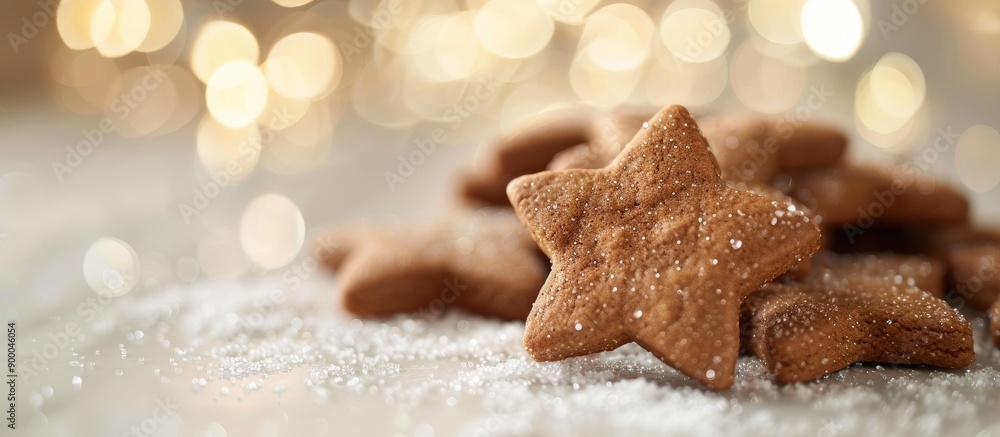 Aufkleber Close up of star shaped gingerbread cookies on a white table with New Year s golden lights bokeh in the background creating a festive Christmas winter card with copy space image