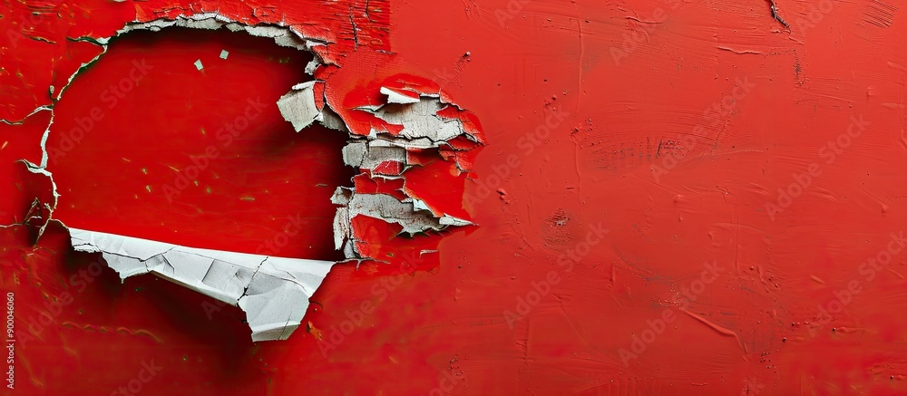Poster damaged paper with a torn hole featuring a red backdrop in a badly exposed copy space image