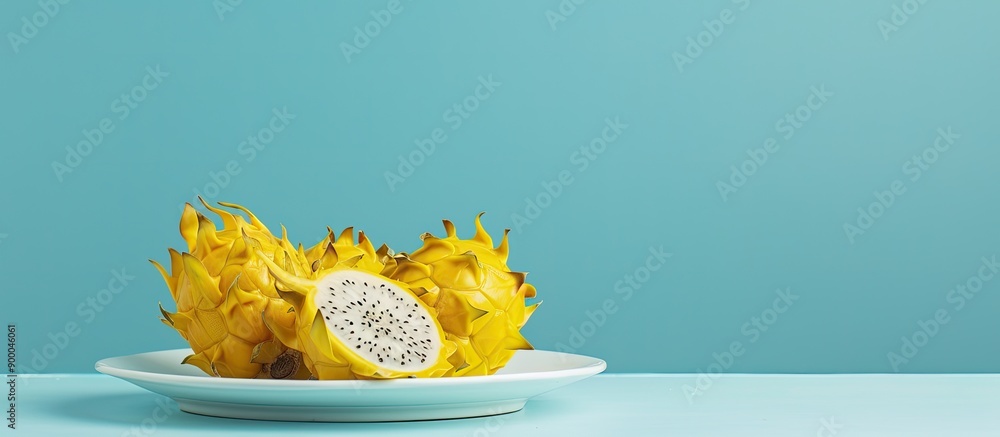 Poster Yellow dragon fruit on a white plate against a blue backdrop with room for text or images. with copy space image. Place for adding text or design