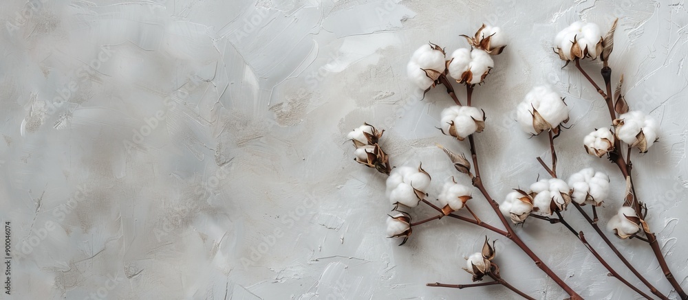 Aufkleber a cotton flower branch is showcased on a soft grey wall from above creating a mockup with copy space