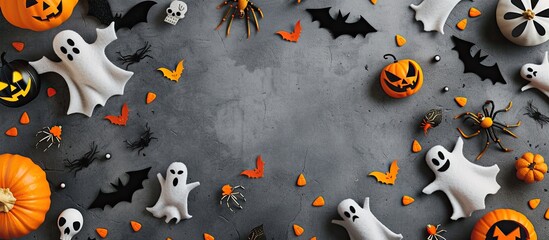 Halloween themed flat lay decorations set on a neutral gray surface including a blank greeting card mockup with ample copy space amidst various spooky felt crafted characters like bats ghosts and spid