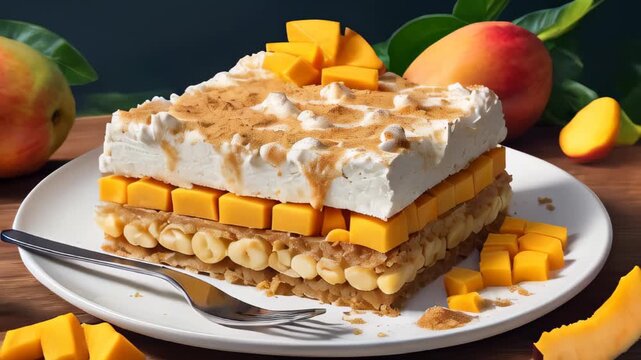 mango layer cake on a white plate, layers of fresh mango cubes, whipped cream, and sponge cake. Summer delicious dessert
