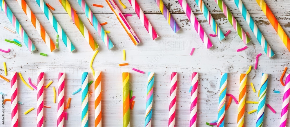 Poster vibrant paper straws for a party displayed on a white wooden backdrop seen from above with copy spac