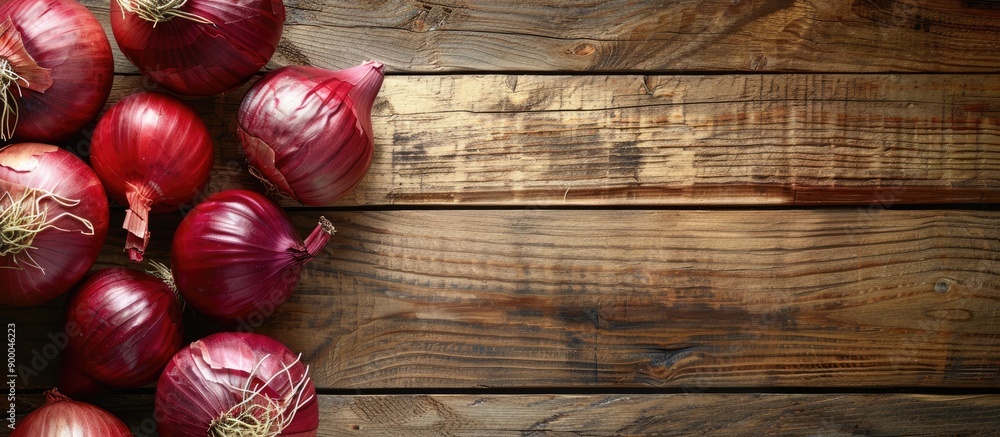 Poster Red Onions on a bright wooden surface creating a backdrop for text with a focused view from above suitable for a copy space image