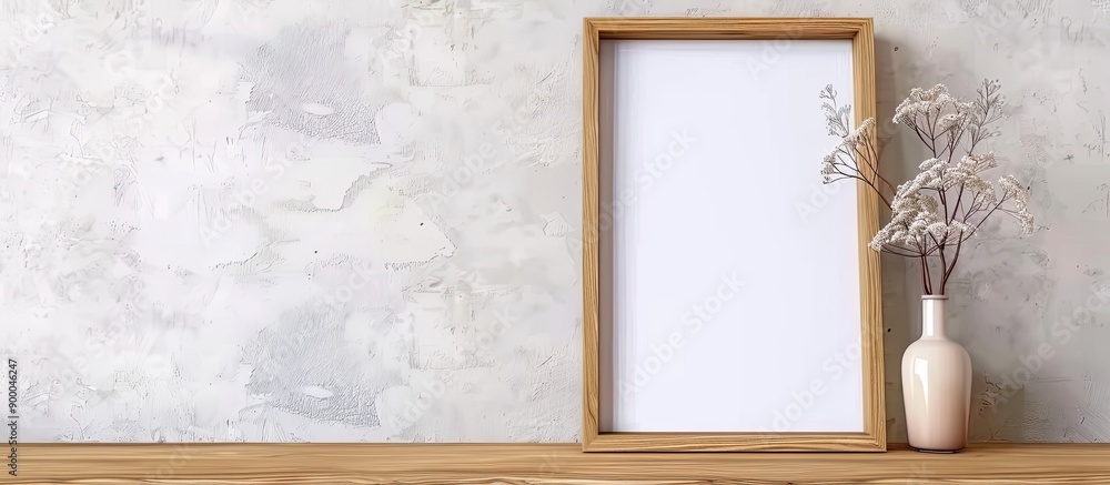 Poster scandinavian style table displays a wooden frame for a photo or picture with copy space image