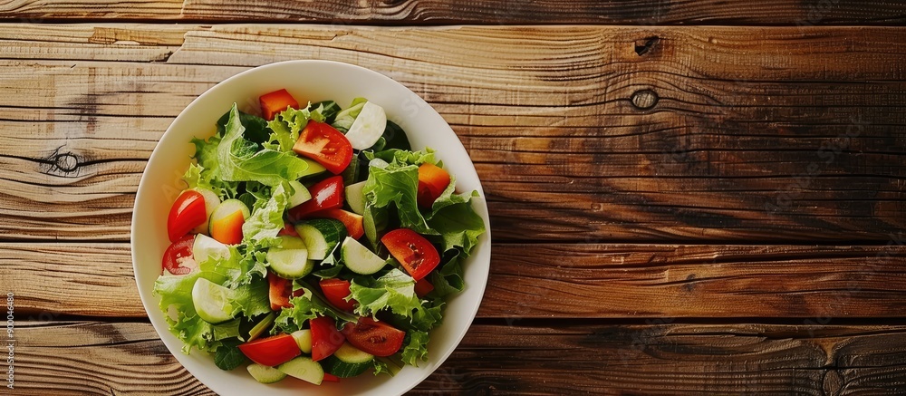Aufkleber a fresh vegetable salad in a full bowl on a wooden table with copy space in a top view flat lay imag