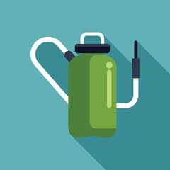 Green garden sprayer with a long shadow on a blue background