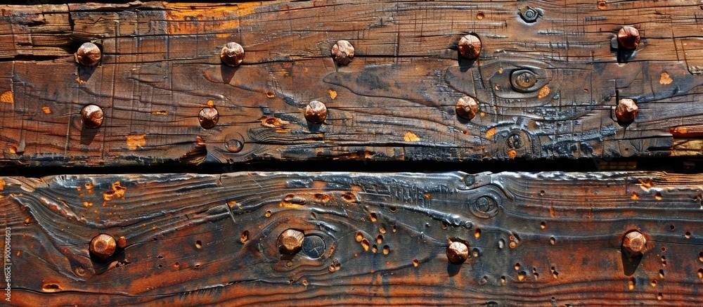 Fototapete close up image of a brown wooden plank with rusty nails displayed in detail within a copy space imag