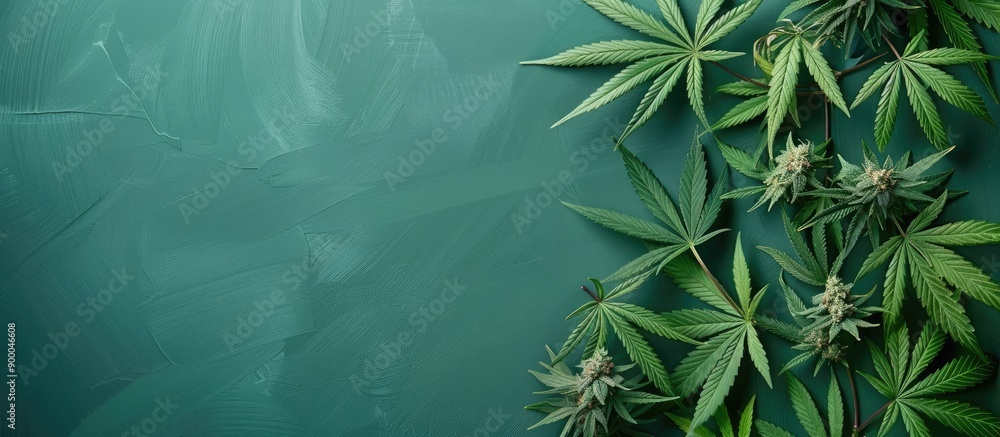 Poster Top down view of green marijuana leaves on a green backdrop with copy space image