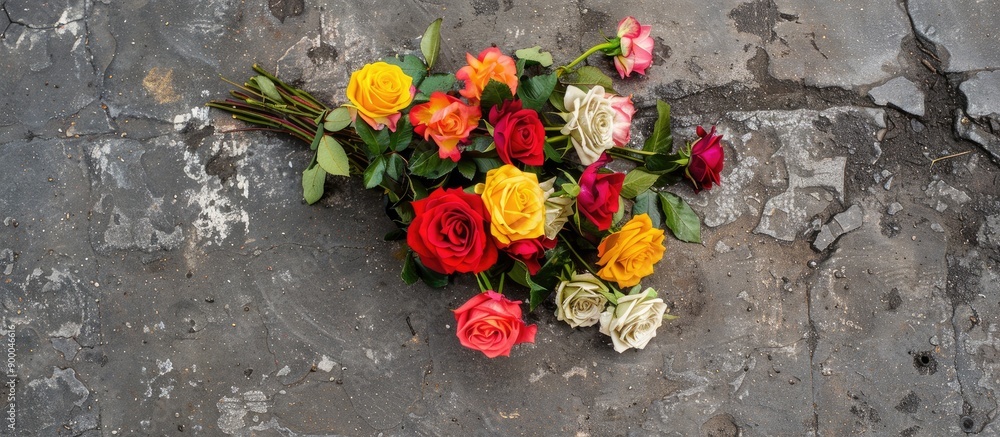 Poster a stunning bouquet of colorful roses on pavement captured from above in natural sunlight with copy s