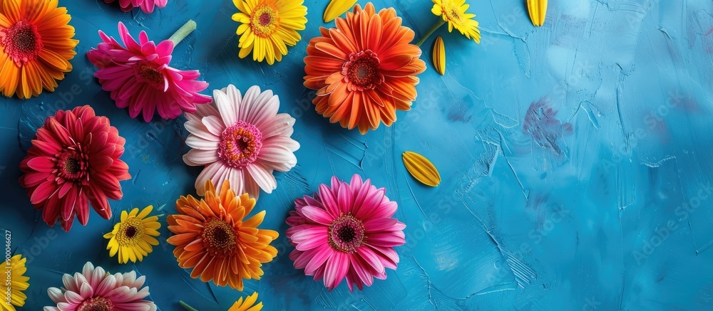 Fototapete Vibrant gerbera blossoms on a blue backdrop View from above with room for text or images. with copy space image. Place for adding text or design